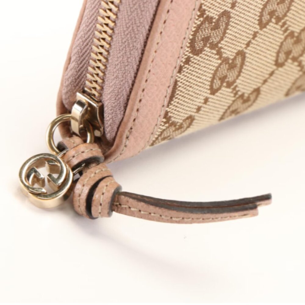 GUCCI Zip Around Wallet in Mauve Pink Leather Trimmed Beige GG Canvas | Women - Picture 3 of 11